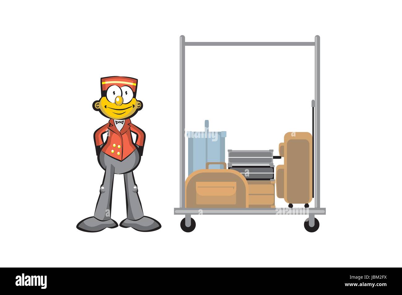 Bellboy and suitcases isolated on white. Conceptual illustration about travels and hotels Stock Vector