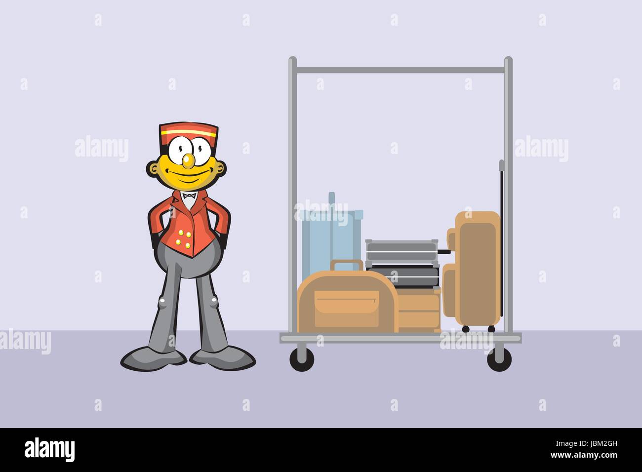 Bellboy and suitcases In the hallway of the hotel. Conceptual illustration about travels and hotels Stock Vector