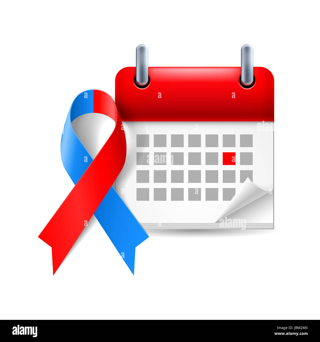 Red and blue awareness ribbon and calendar with marked day. Noonan syndrome, Congenital Heart Defect symbol Stock Photo