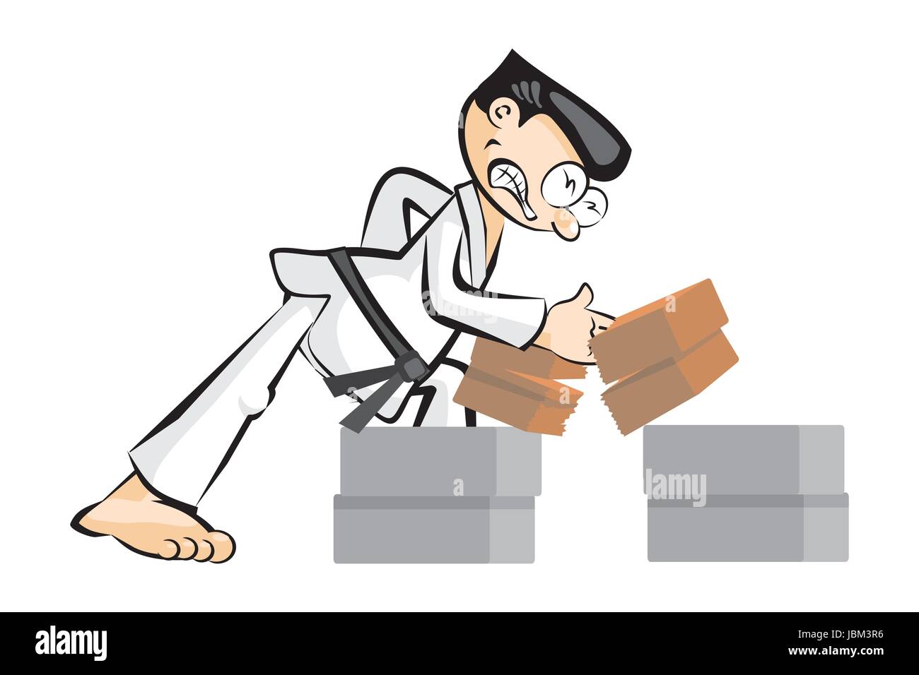 Karateca breaking bricks with his hand, isolated on white background