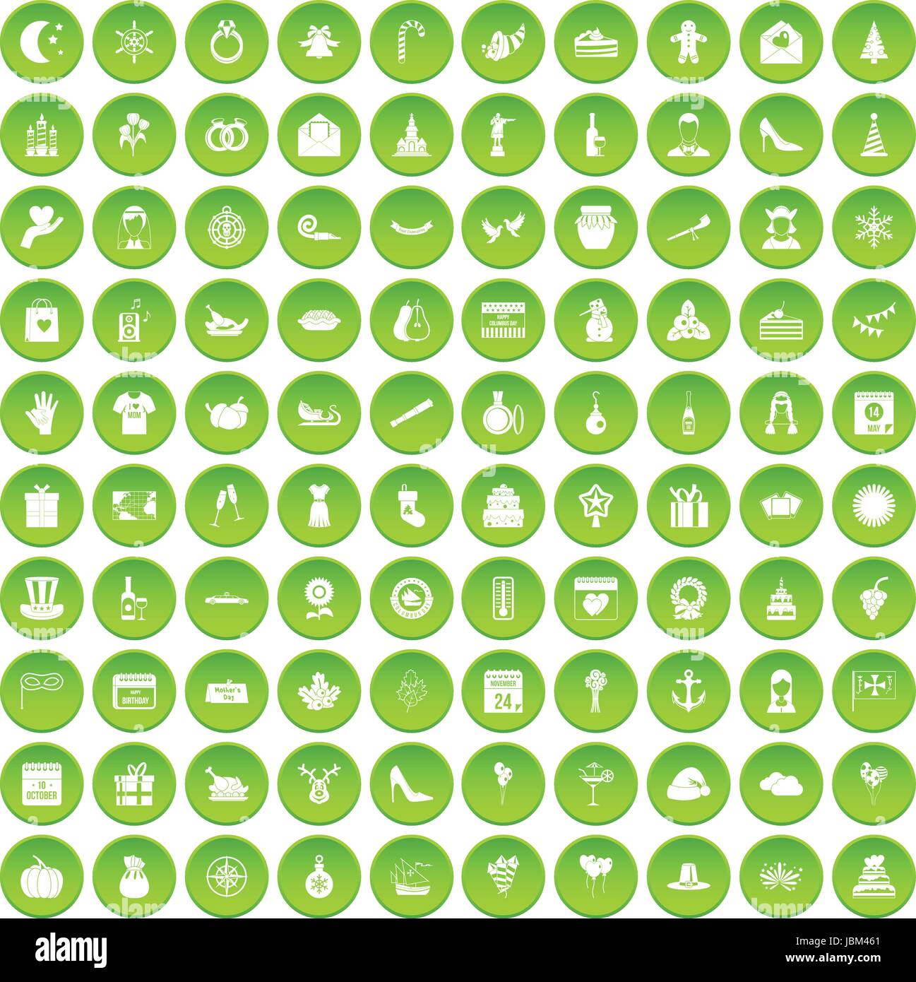 100 festive day icons set green circle Stock Vector