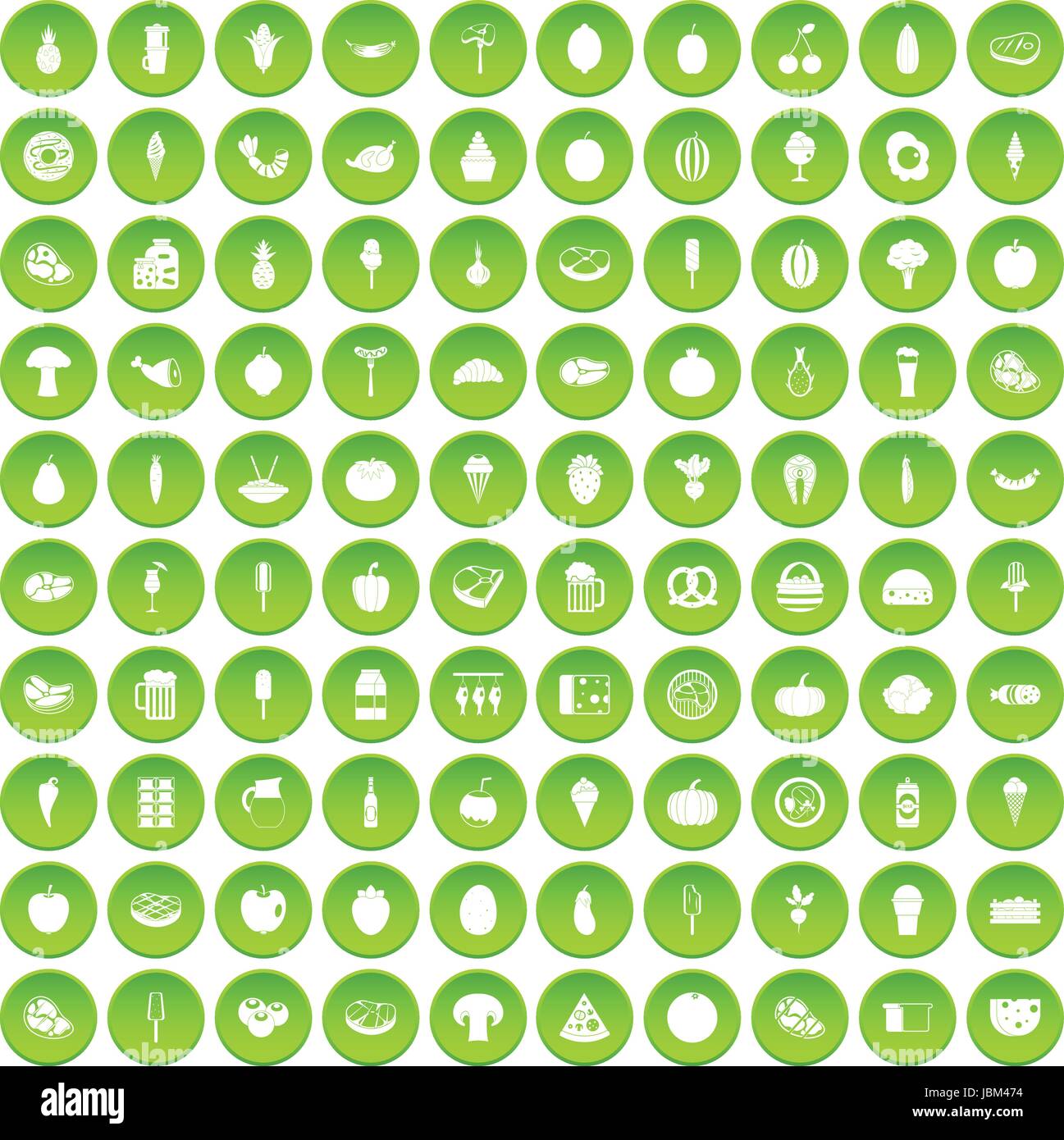100 food icons set green circle Stock Vector