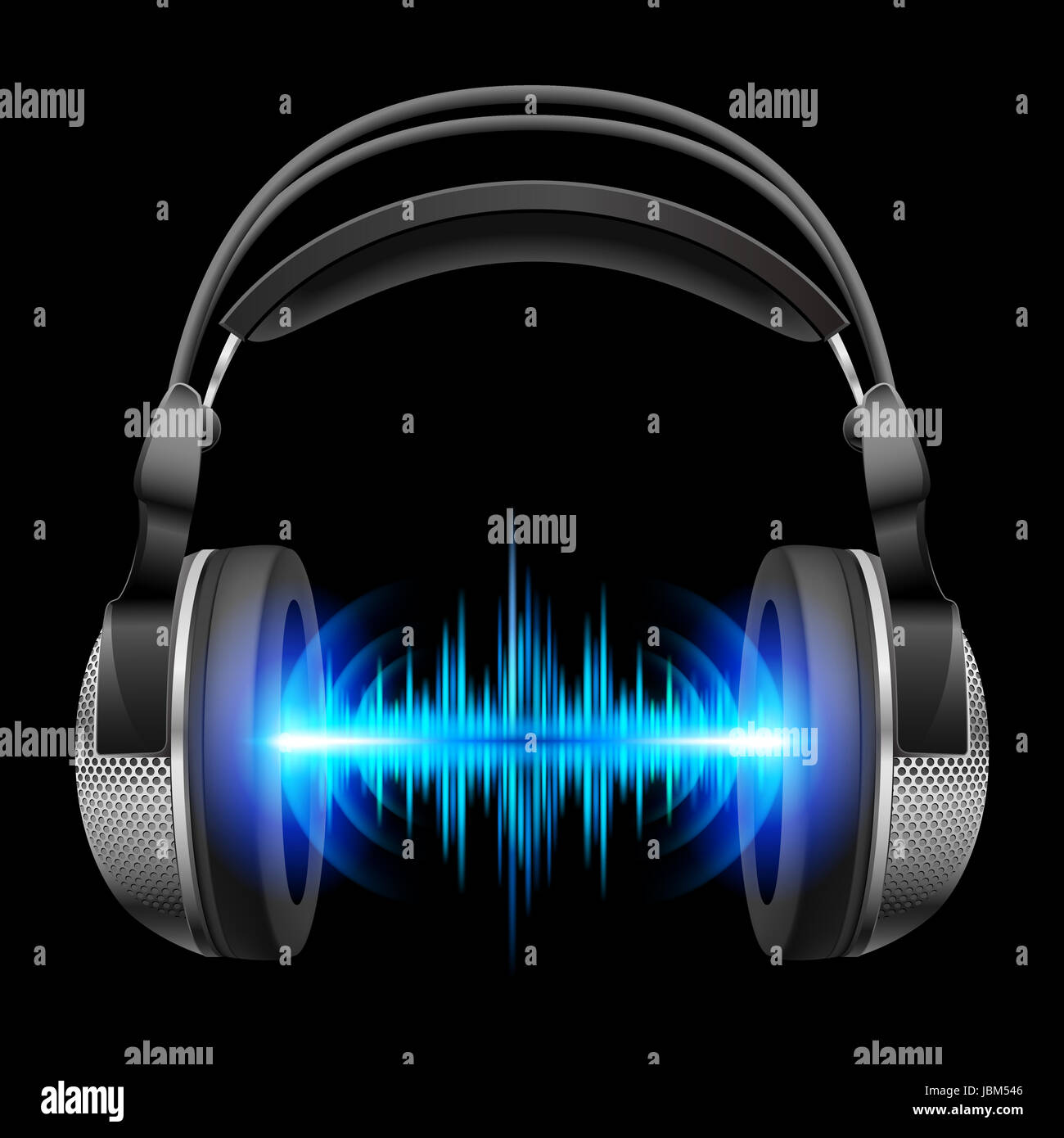 Headphones with blue sound waves. Illustration on black background
