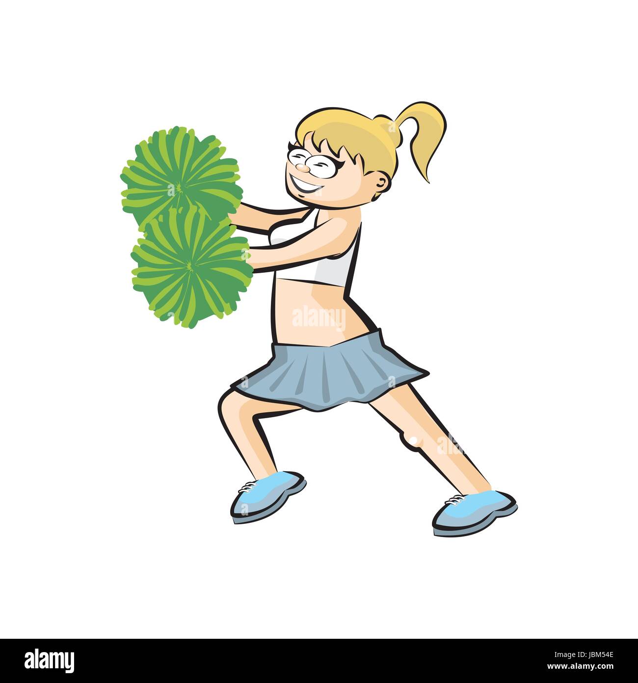 Funny Cheerleader cartoon Green skirt. Conceptual illustration. Sports