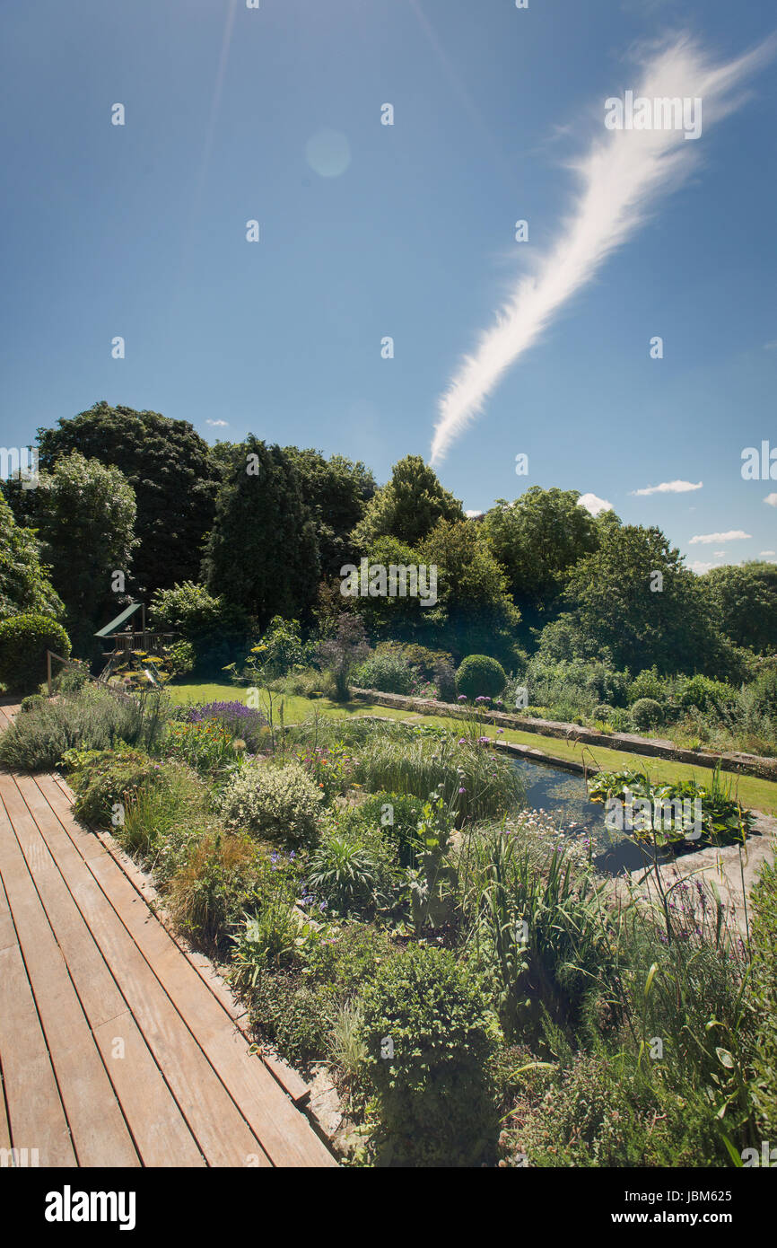 Vapor trail in sunny blue sky over lush landscaped garden Stock Photo