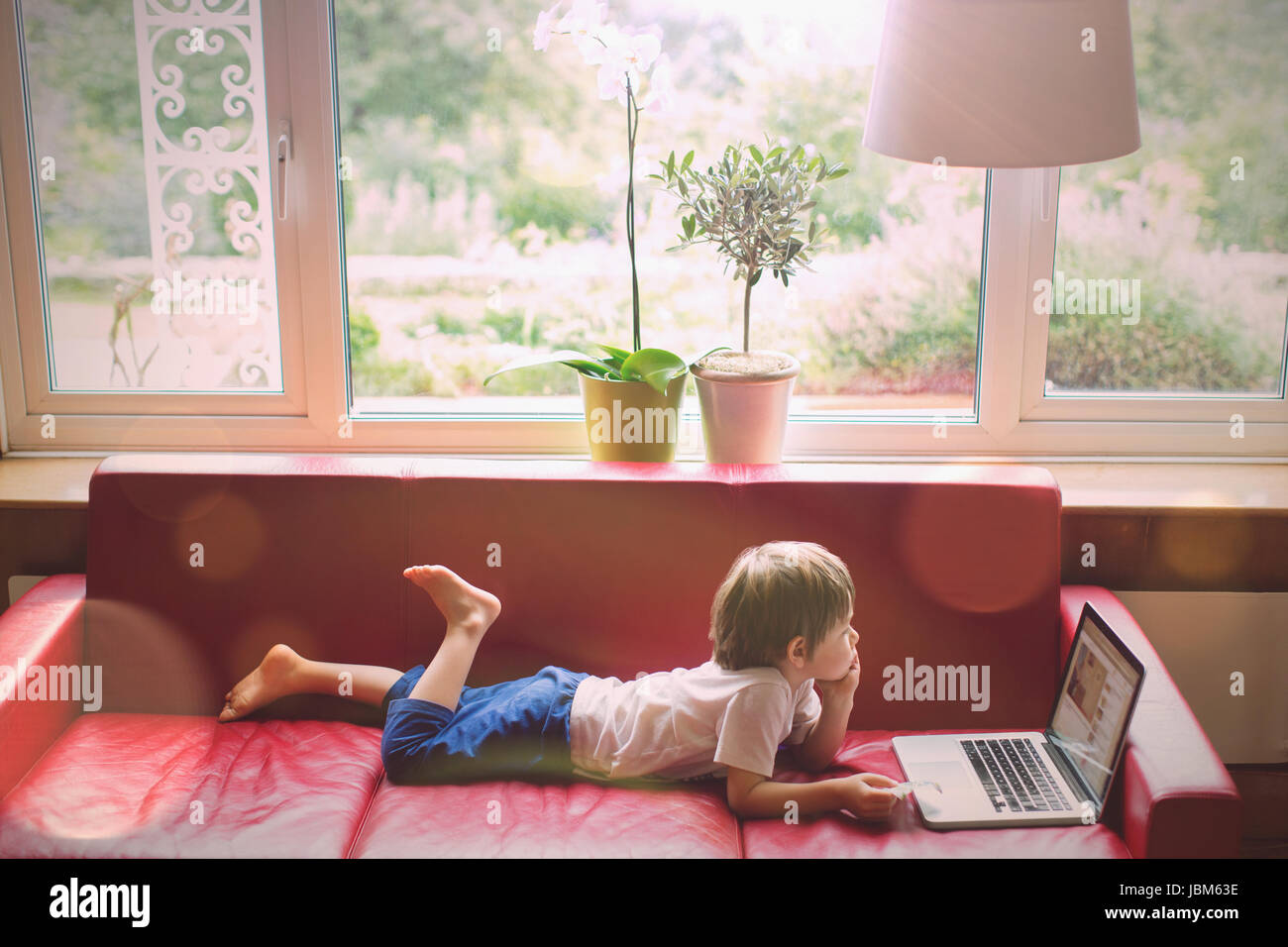 Boy using laptop on red leather sofa in living room Stock Photo - Alamy