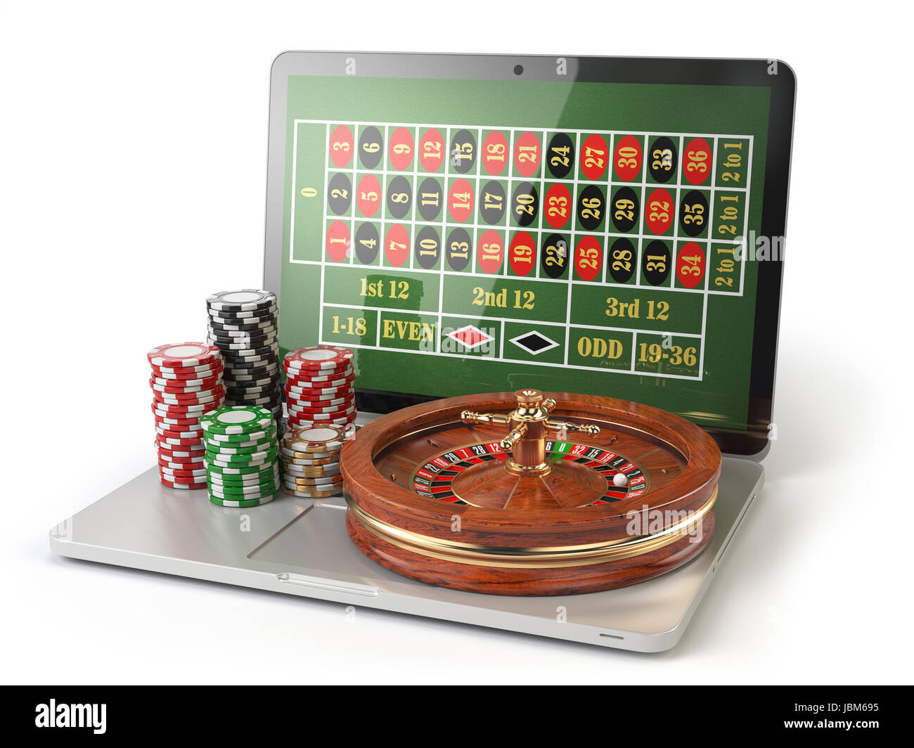 Online roulette casino concept. Laptop with roulette and casino chips  isolated on white background. 3d illustration Stock Photo - Alamy