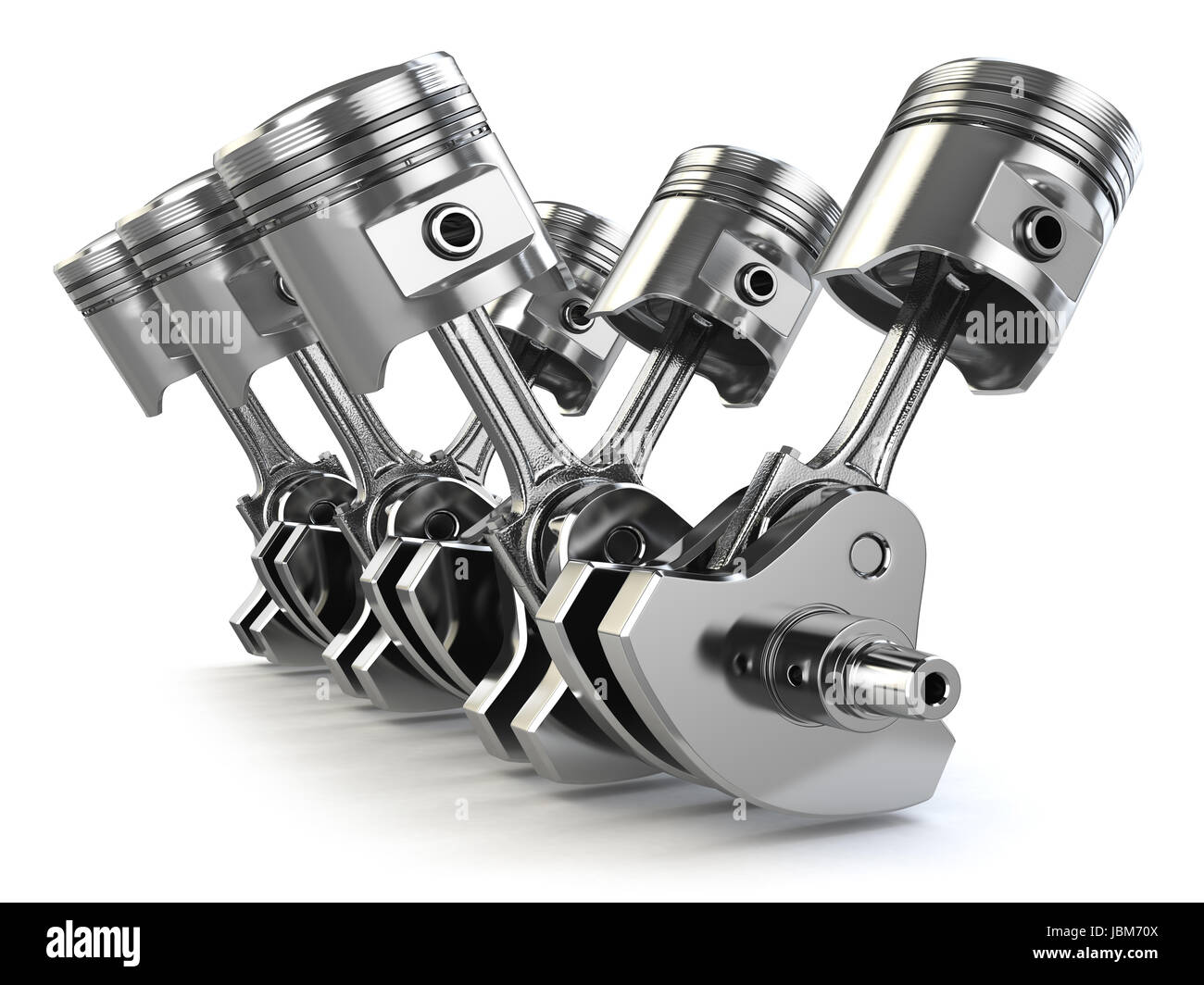 V6 engine pistons and crankshaft isolated on white background. 3d illustration Stock Photo