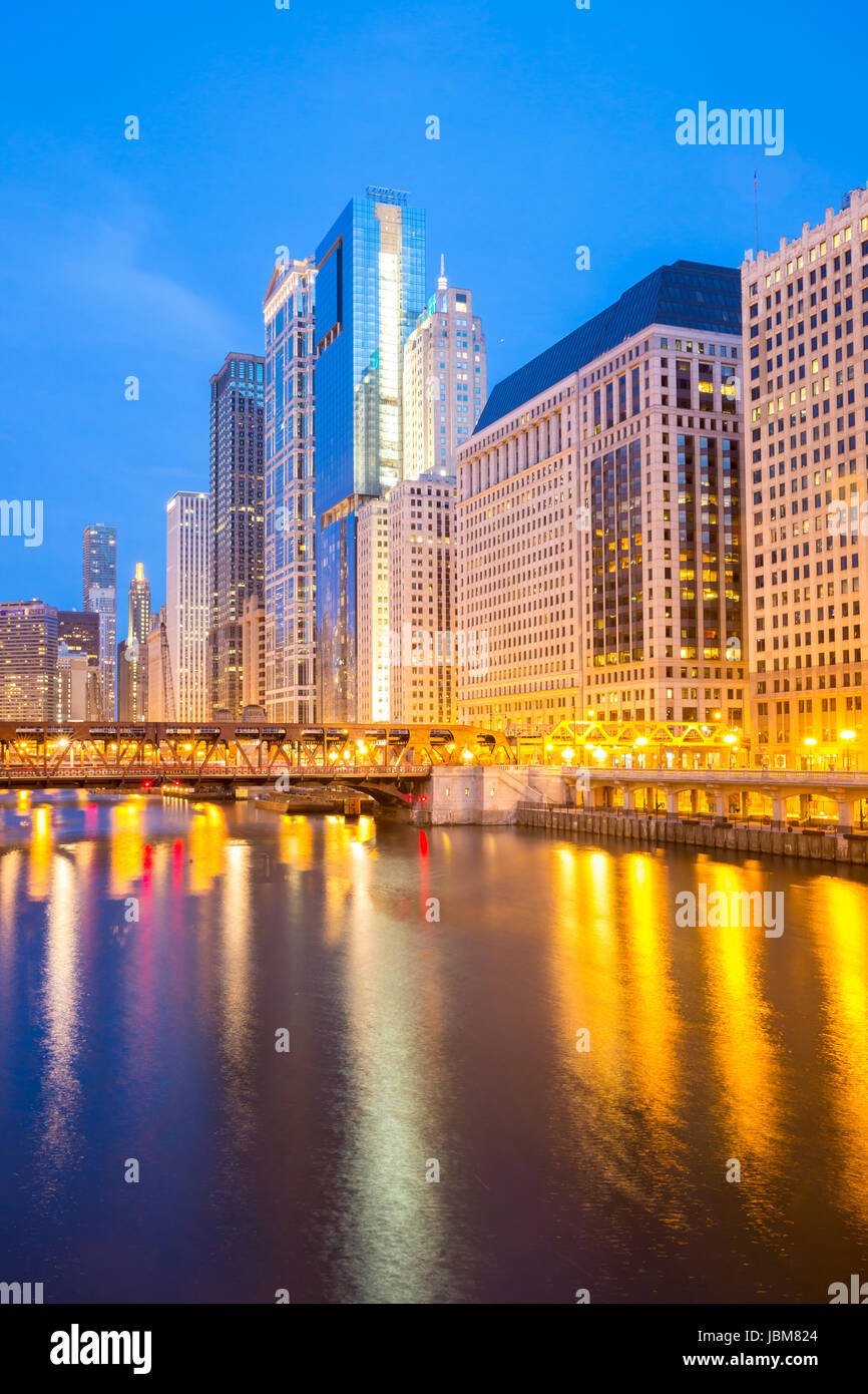 City of Chicago downtown and River with bridges at dusk Stock Photo - Alamy