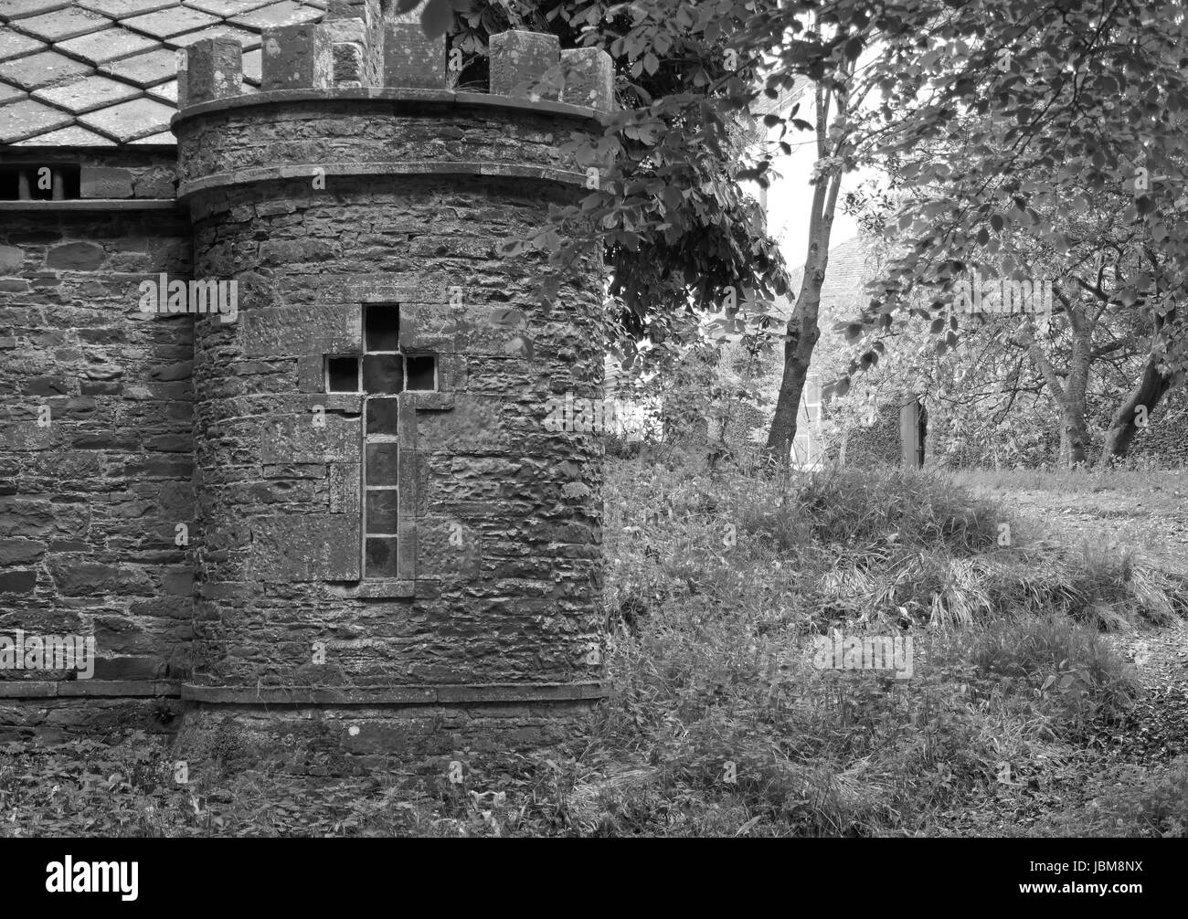 Turreted Doo'cot, Pitmuies Gardens, by Forfar, Angus, Scotland (Black & White) Stock Photo