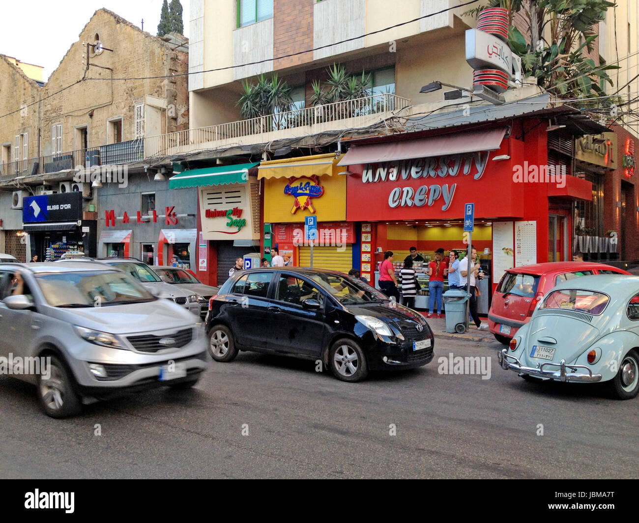 Abutting the American University of Beirut, Bliss Street in the Hamra neighborhood of Beirut, Lebanon is a vibrant area of the city. Stock Photo