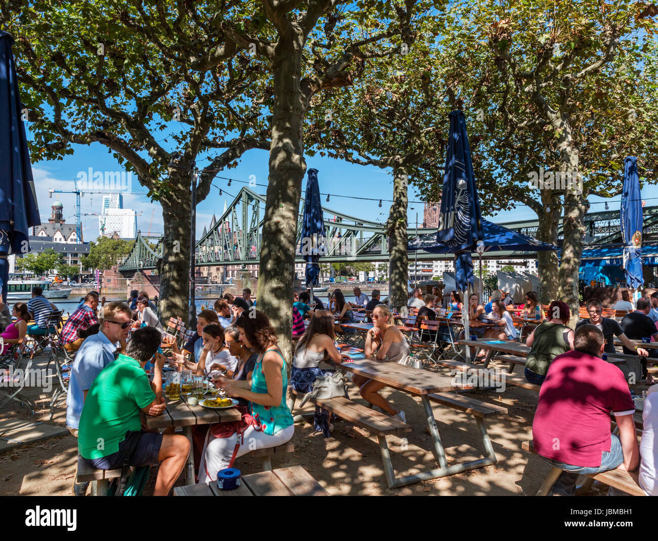 Cafe by the banks of the River Main near the Eiserner Steg, Frankfurt, Germany Stock Photo