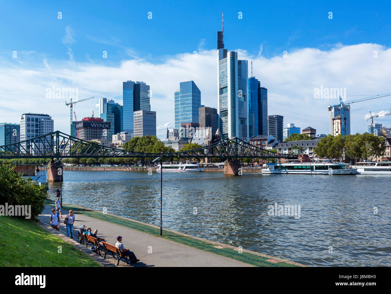 View towards the Eiserner Steg and financial district from the banks of the River Main, Frankfurt, Hesse, Germany Stock Photo