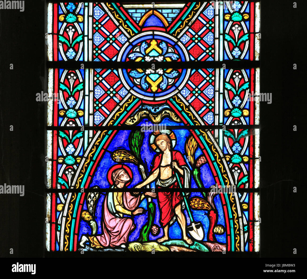 Mary Magdalene mistakes the Risen Christ for the gardener, Feltwell church, stained glass by Didron of Paris, 1860, Resurrection window Stock Photo