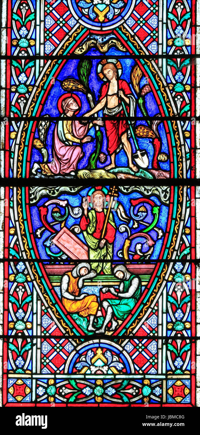 Resurrection window, stained glass by Adolph Didron of Paris, 1860, Resurrection of Christ (below), Mary Magdalene mistakes the Risen Christ Stock Photo