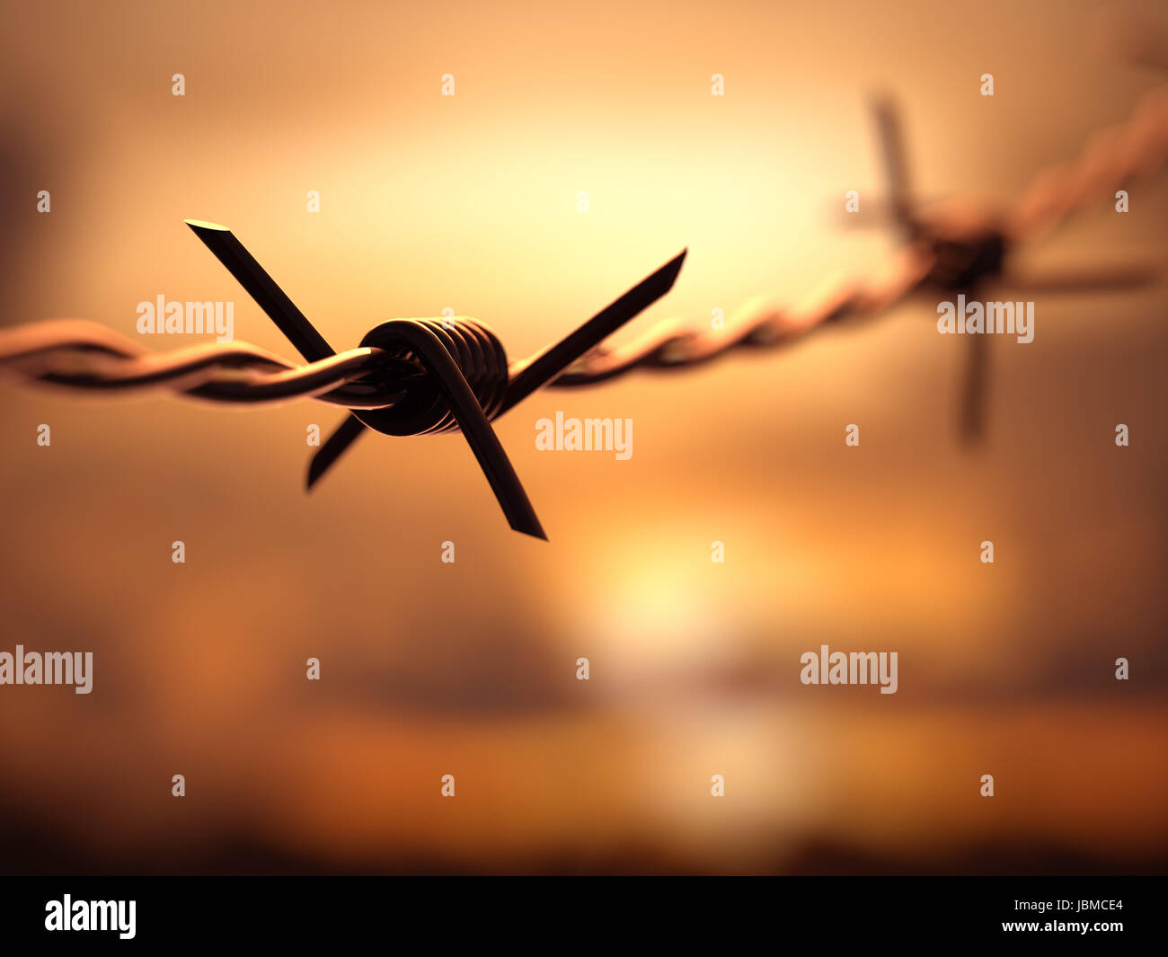 Barbed wire with depth of field with the sunset in the background Stock ...