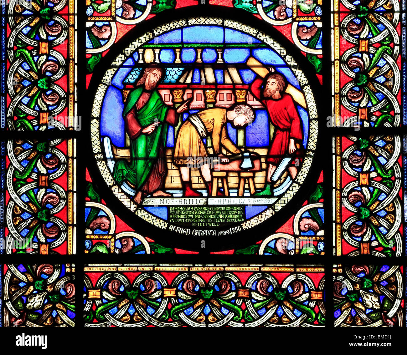 Noah and The Ark, Noah directs the construction, building, of The Ark, stained glass window by Alfred Gerente, 1849, Ely Stock Photo