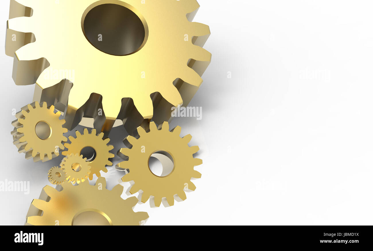 3D rendering , Metal engineer gold gears on the left side and copy space. Industrial 4.0 , Cyber Physical Systems , Hi-tech, engineering, digital tele Stock Photo