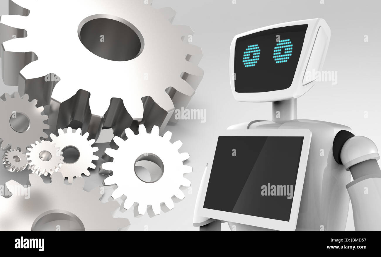 Chat bot , robo advisor , artificial intelligence and future marketing concept. 3d Rendering of automation robot and metal gears with gray background. Stock Photo