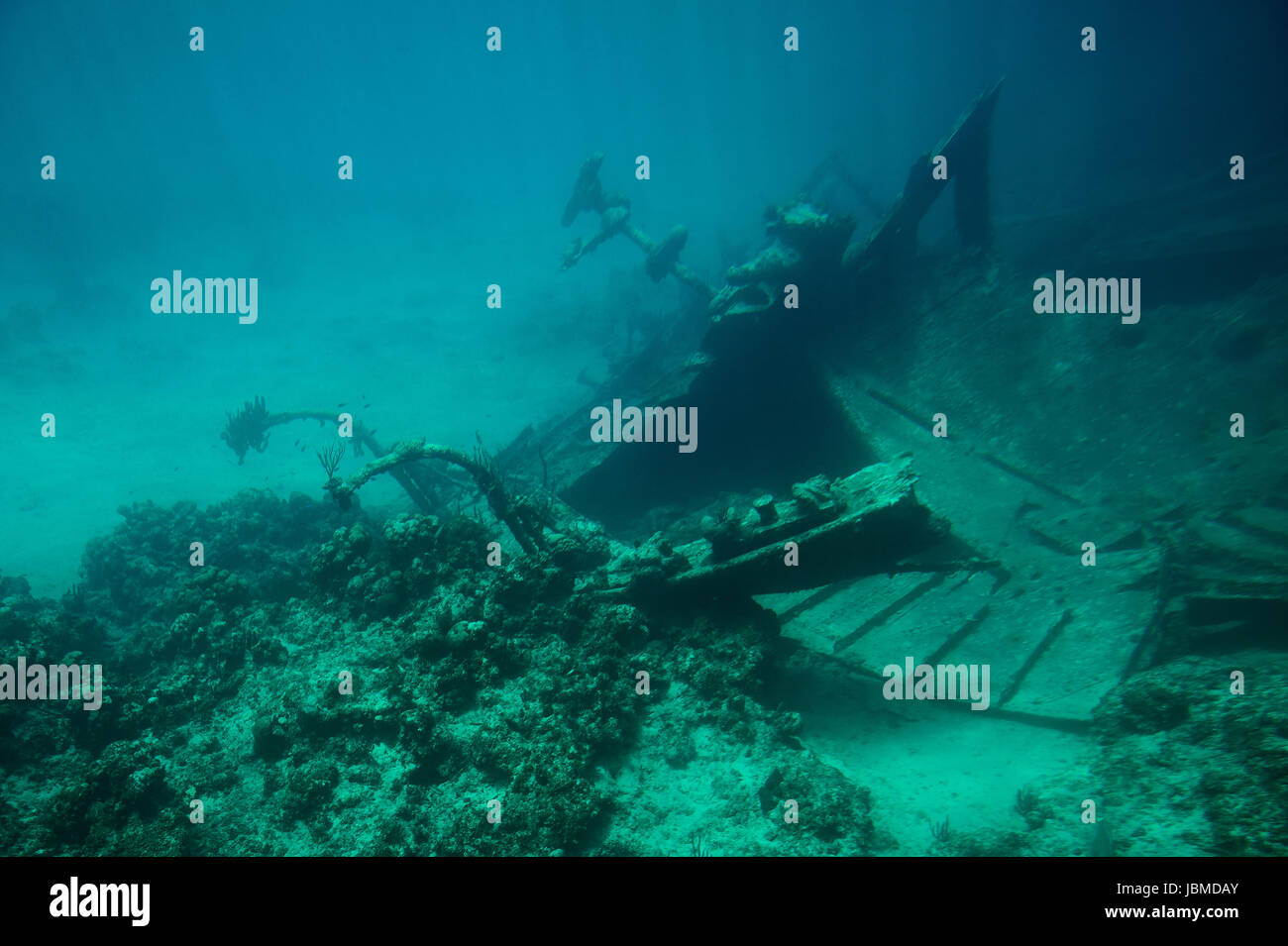 Bow of shipwreck on bottom of caribbean sea. Underwater ship wreck tour Stock Photo