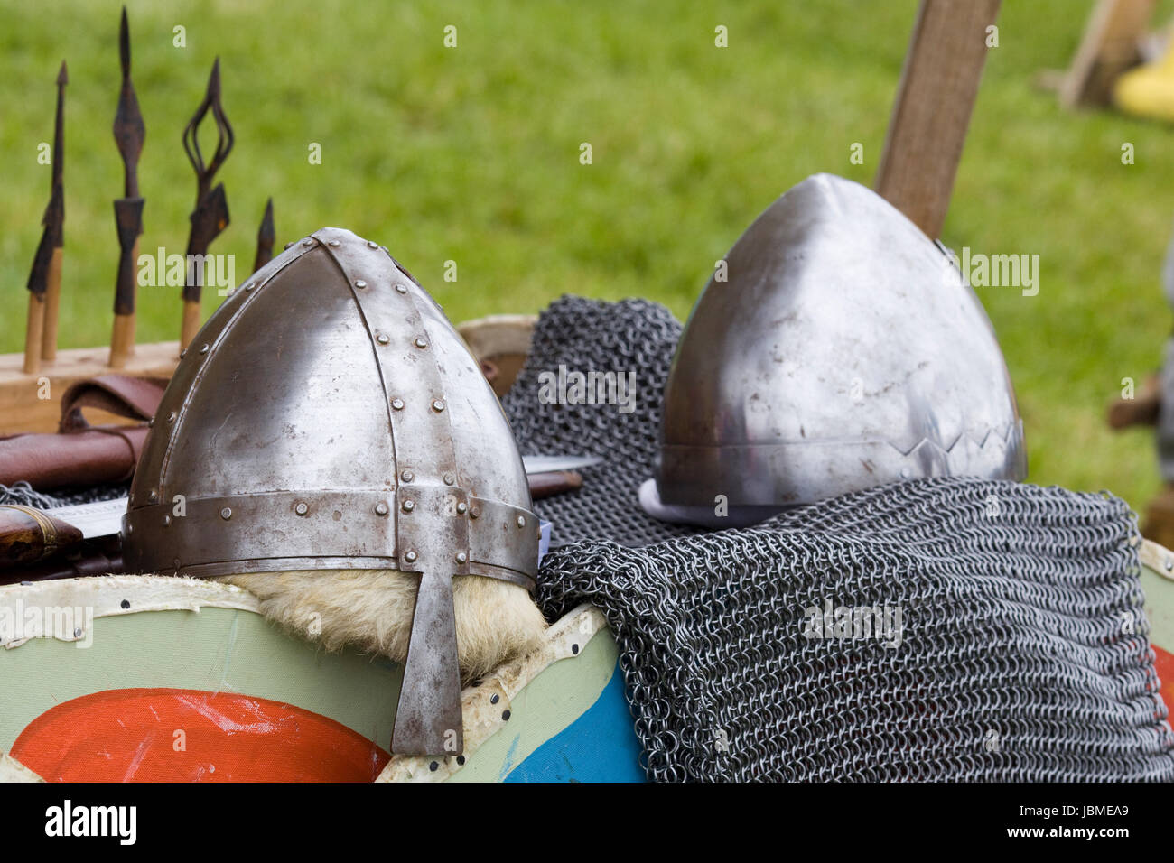 Helmet and chainmail at Viking reenactment Stock Photo
