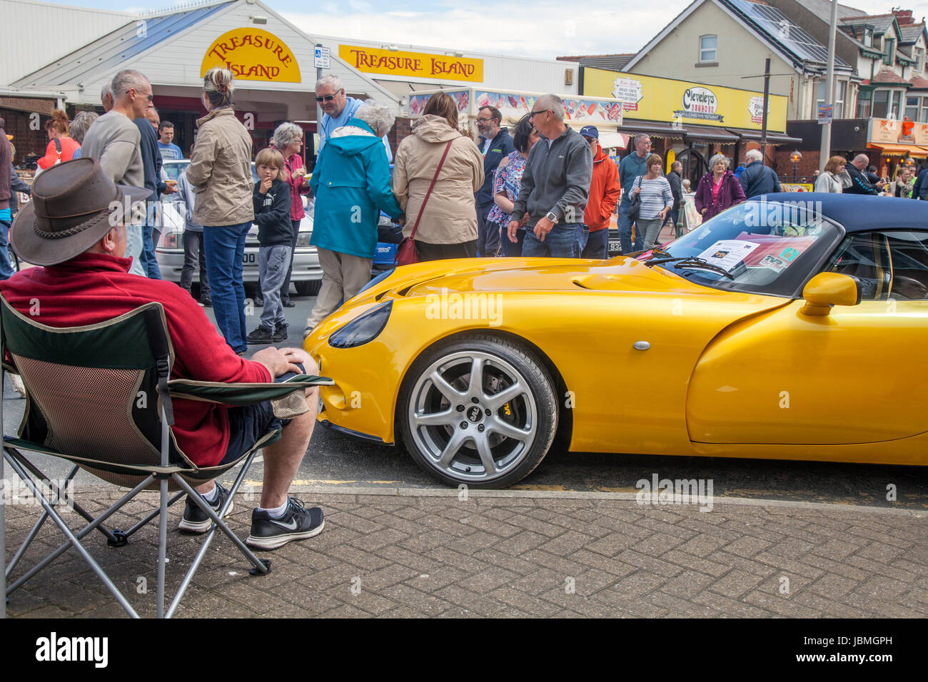 2003 Yellow TVR Tamora at the Cleveleys Car Show is a yearly event which is staged along Victoria Road West and the Sea front Promenade in Cleveleys Town Centre. Stock Photo