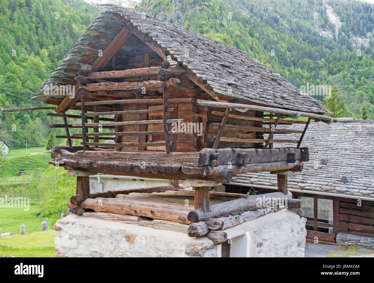 raised granary in Mogno Stock Photo
