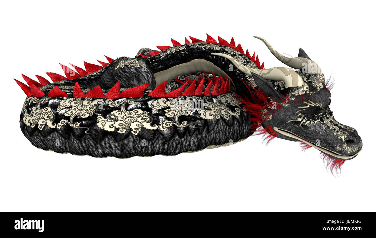 3D digital render of a sleeping fantasy eastern dragon isolated on