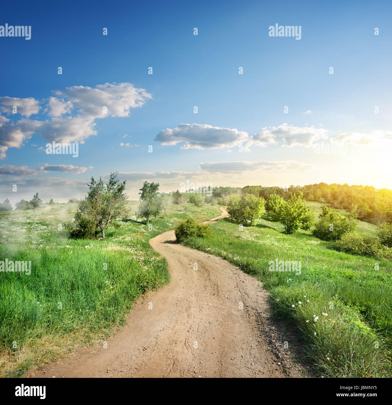 Fog over the country road at sunset Stock Photo - Alamy