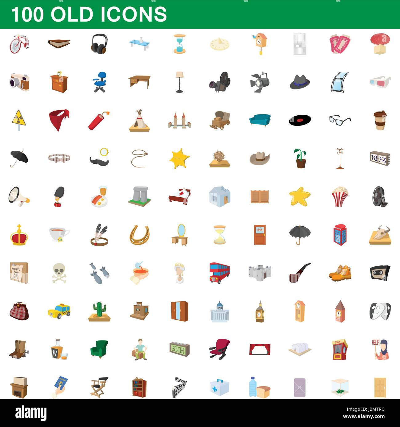 100 old icons set, cartoon style Stock Vector