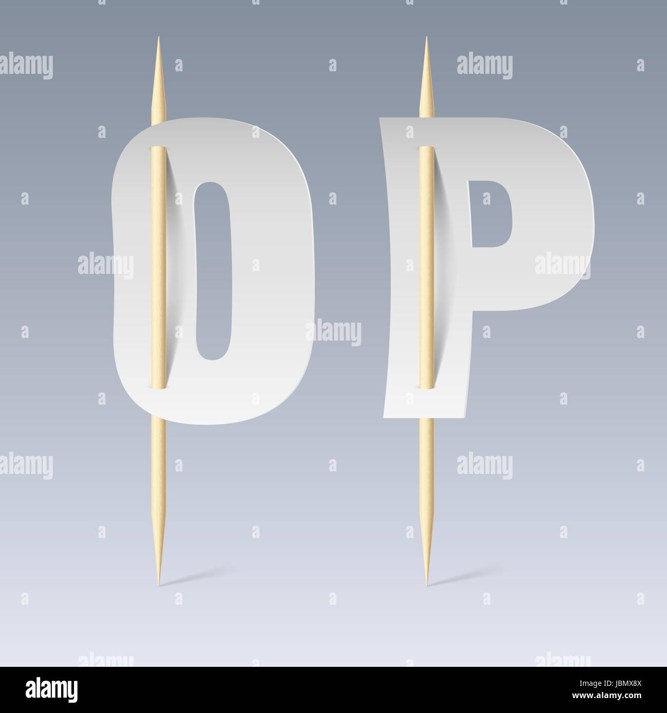 White paper cut font on toothpicks on grey background. O and P letters Stock Photo