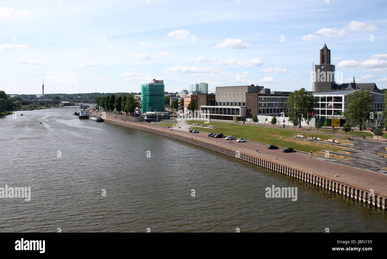 Skyline of inner city of Arnhem, Netherlands with Eusebius Church or Grote Kerk. Northern river