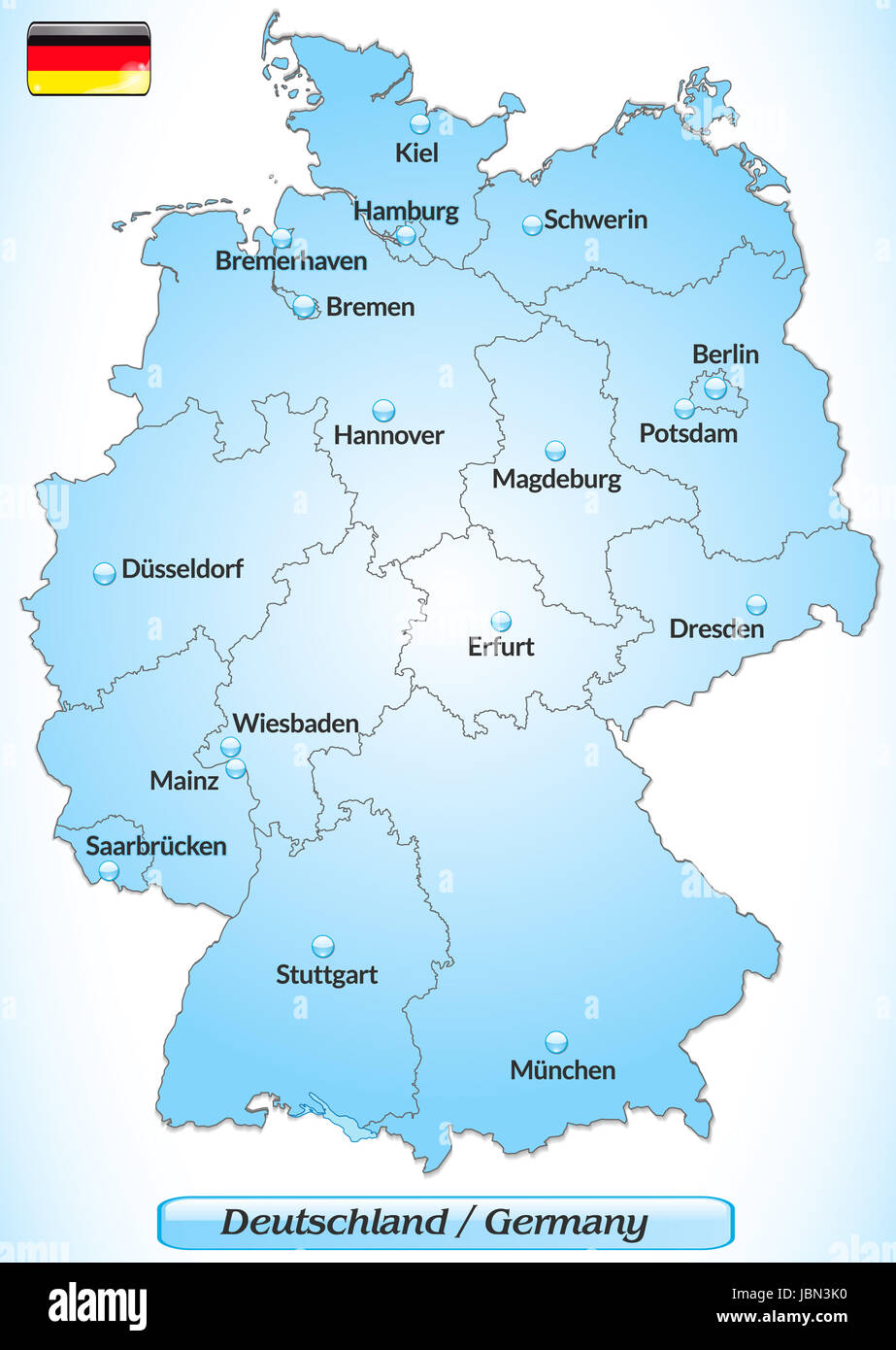 Karte von Deutschland mit Hauptstädten in Blau Stock Photo