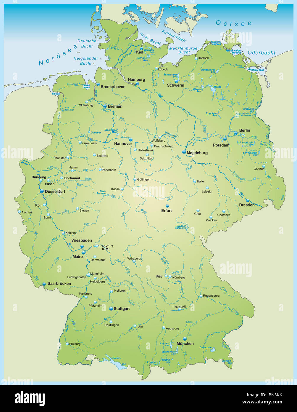 Karte von Deutschland mit Gewässernetz in Grün Stock Photo