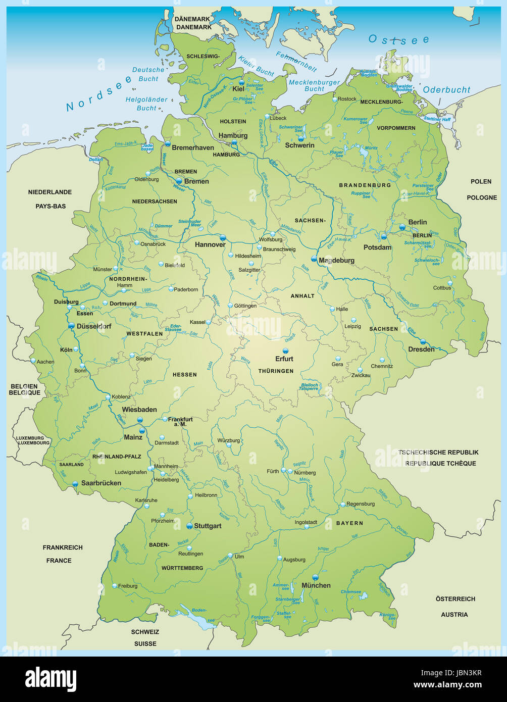 Karte von Deutschland mit Gewässernetz in Grün Stock Photo