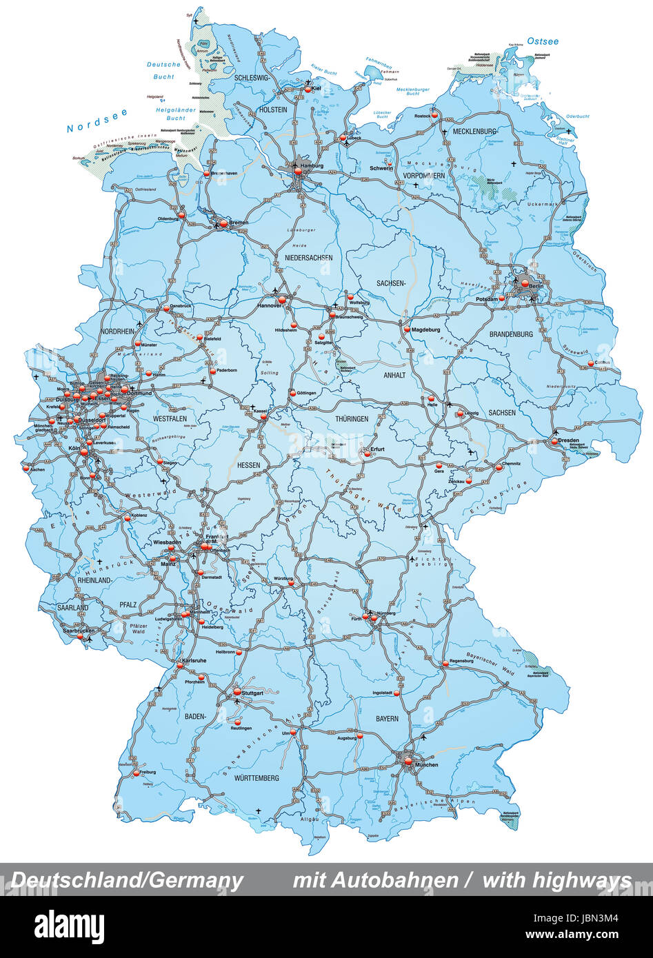 Karte von Deutschland  mit Verkehrsnetz in Blau Stock Photo