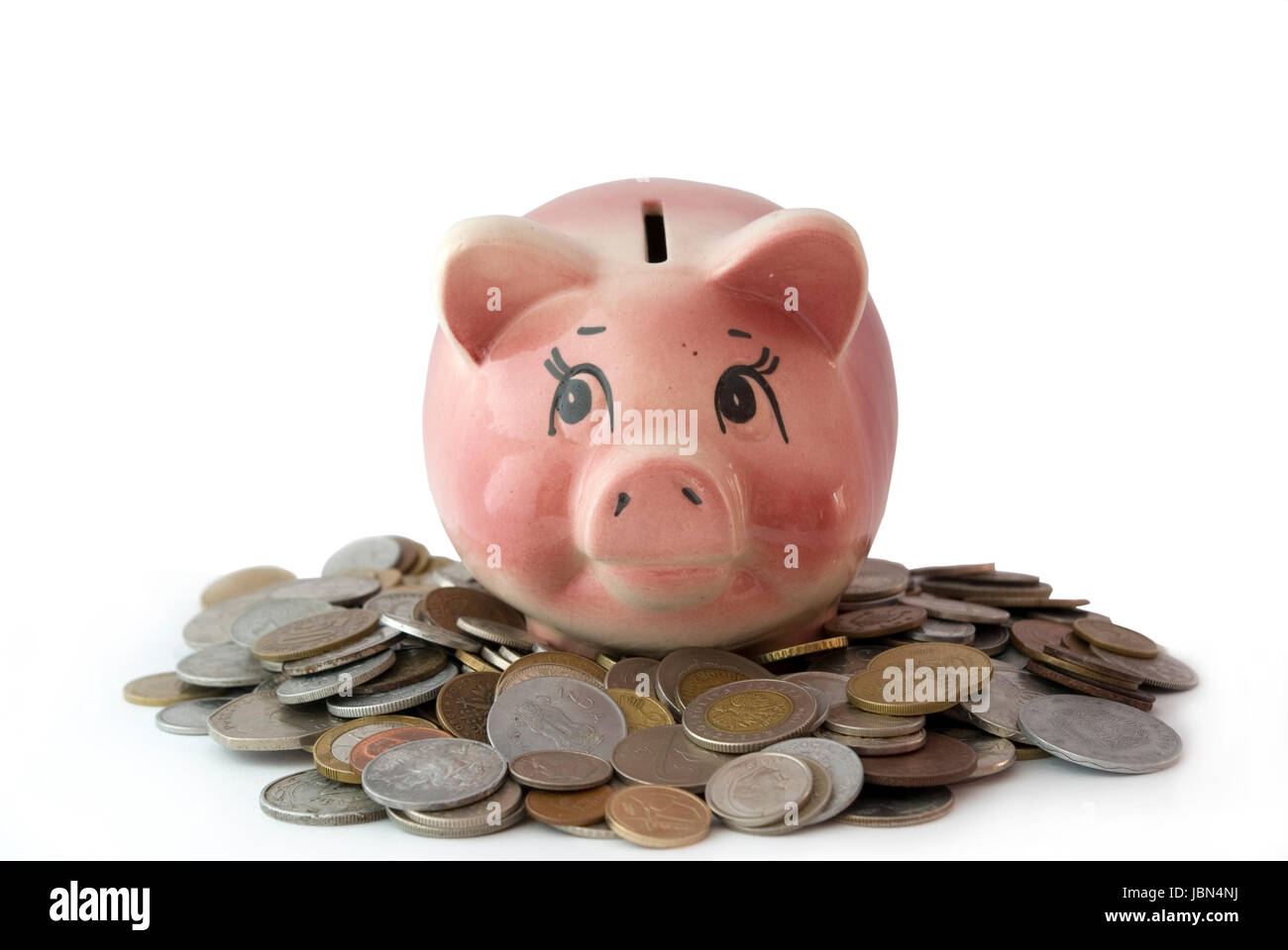 Pink piggy bank isolated on white background with coins Stock Photo - Alamy