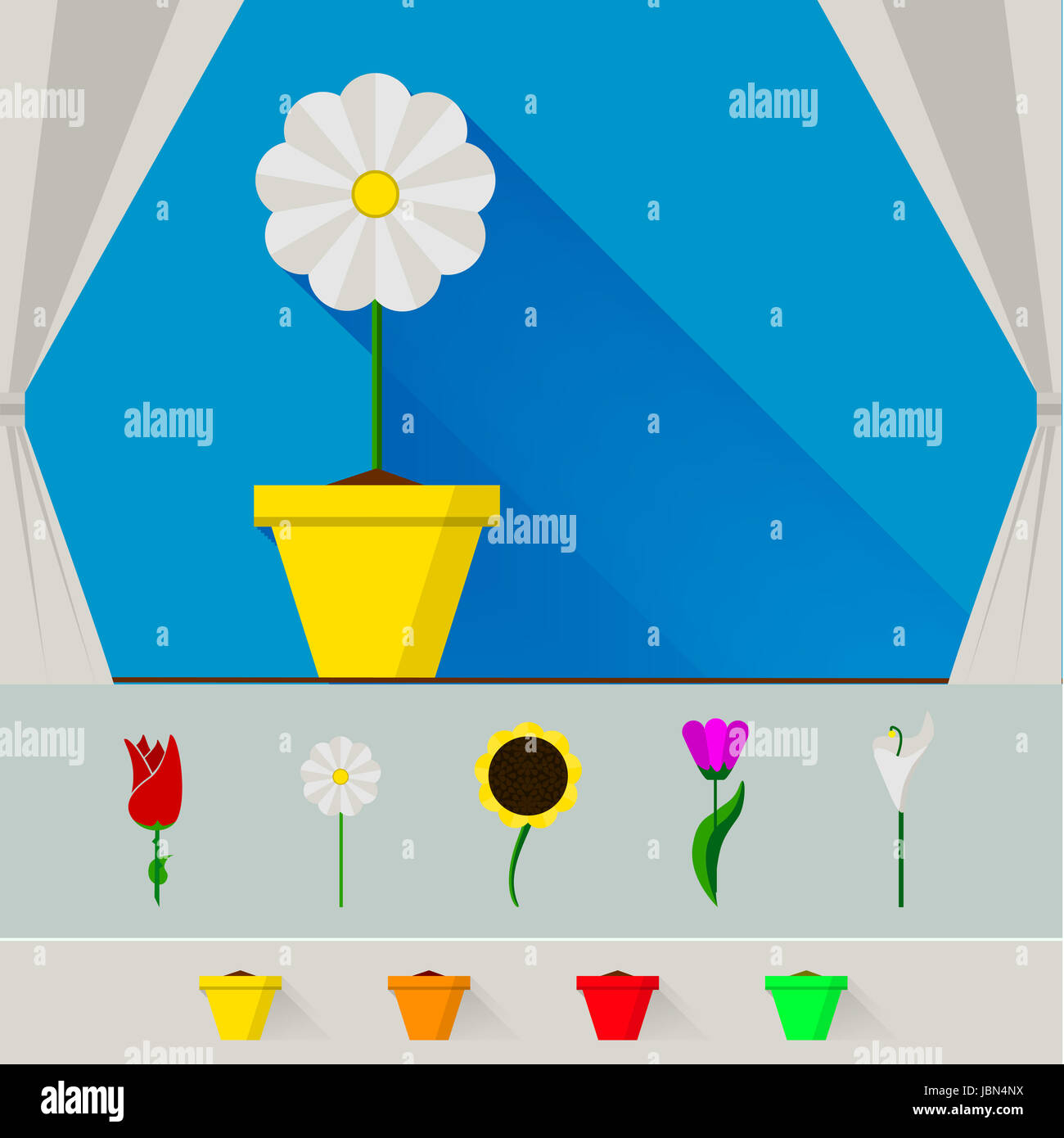 Flower In Yellow Flowerpot On The Window With White Curtains Set