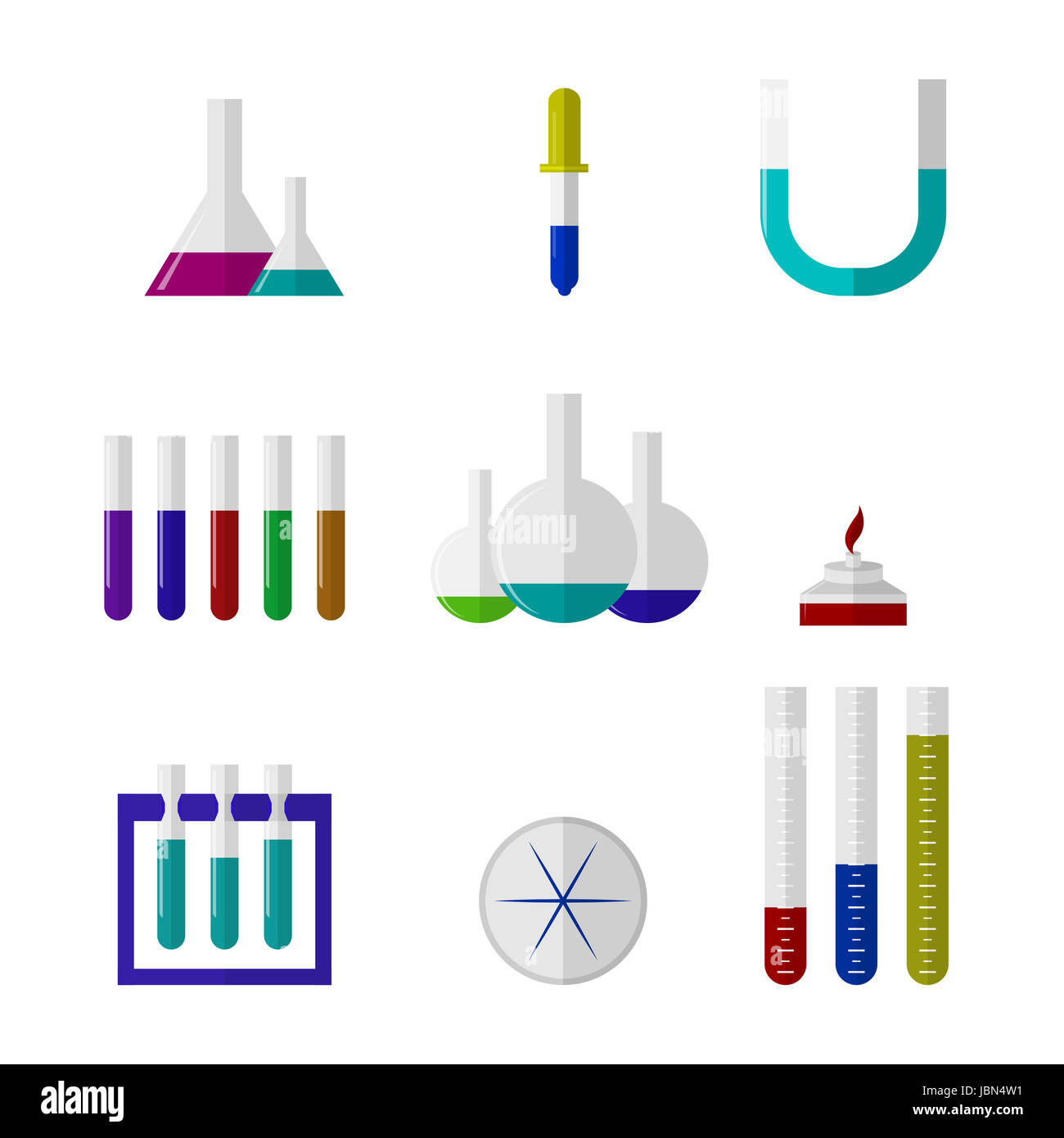 Chemistry laboratory ware with color liquid and color elements. Set of
