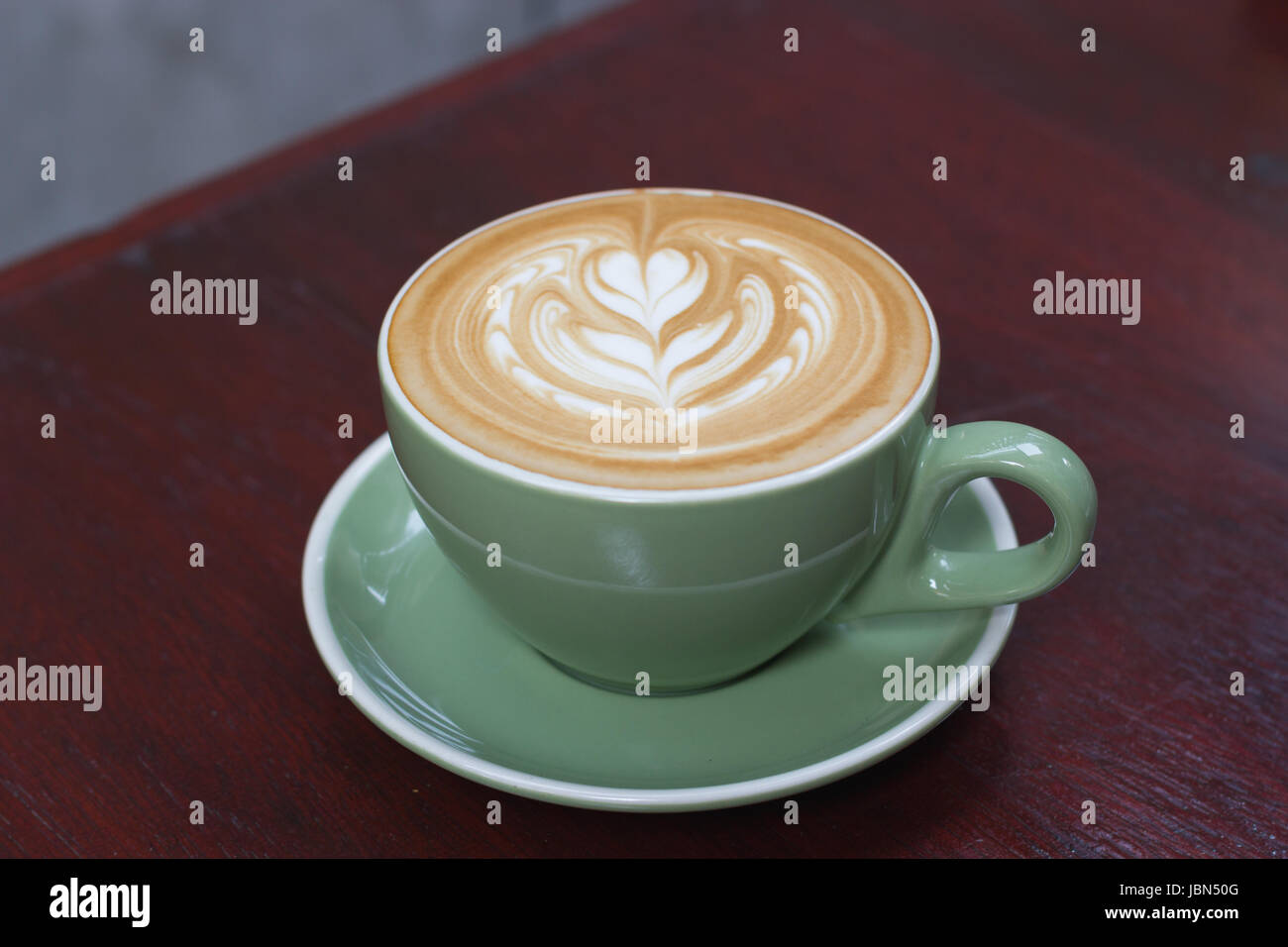 Hot Coffee latte with beautiful latte art Stock Photo