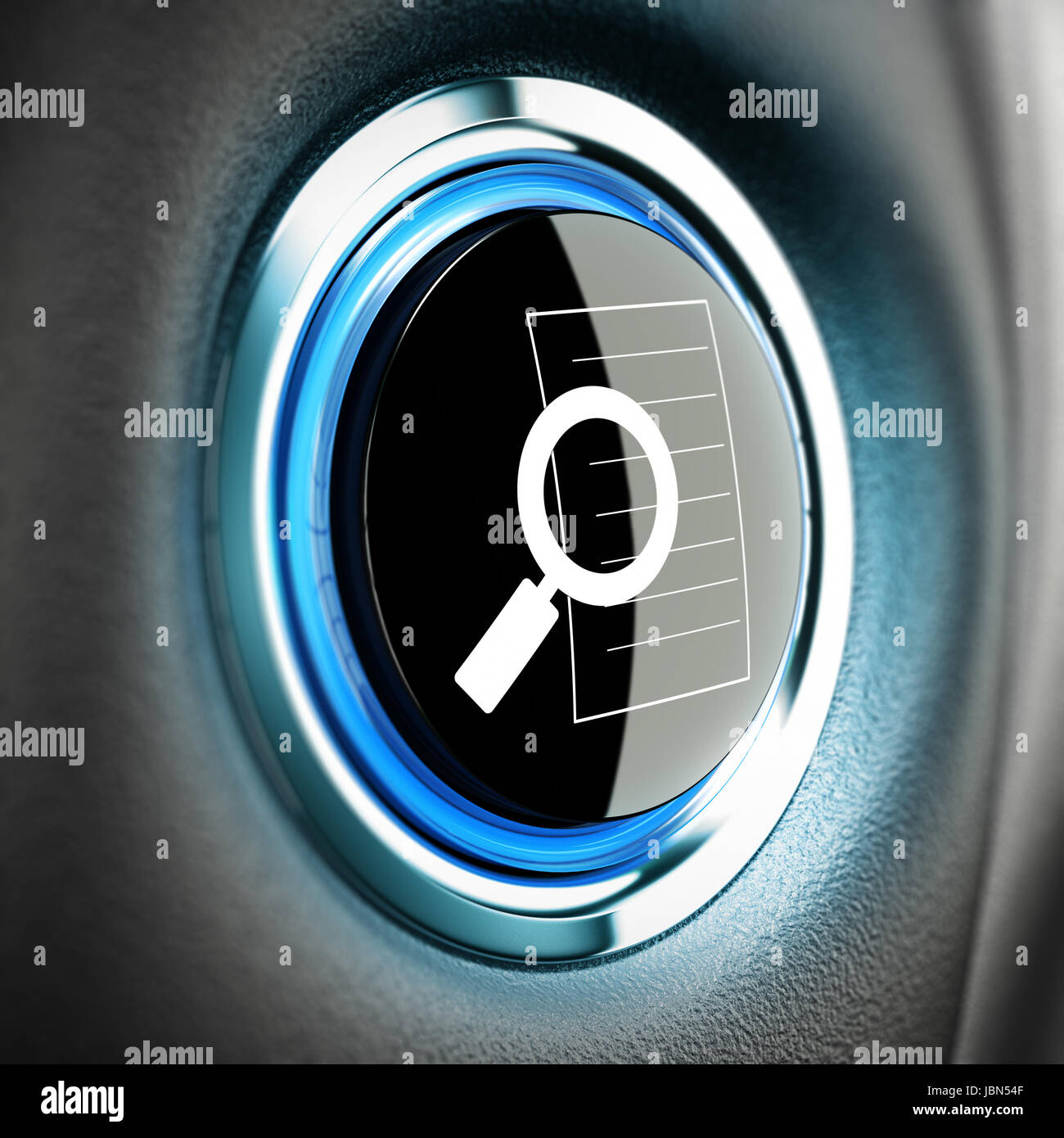 Magnifier icon on a button with blue tones and blur effect, search