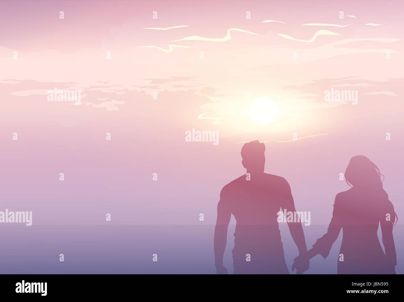 Silhouette Romantic Couple Holding Hands At Sunset Lovers Man And Woman Copy Space Stock Vector