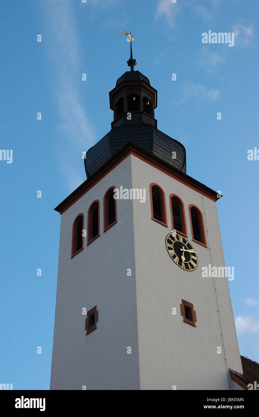 church tower of the protestant church in neuburg on the rhine Stock Photo