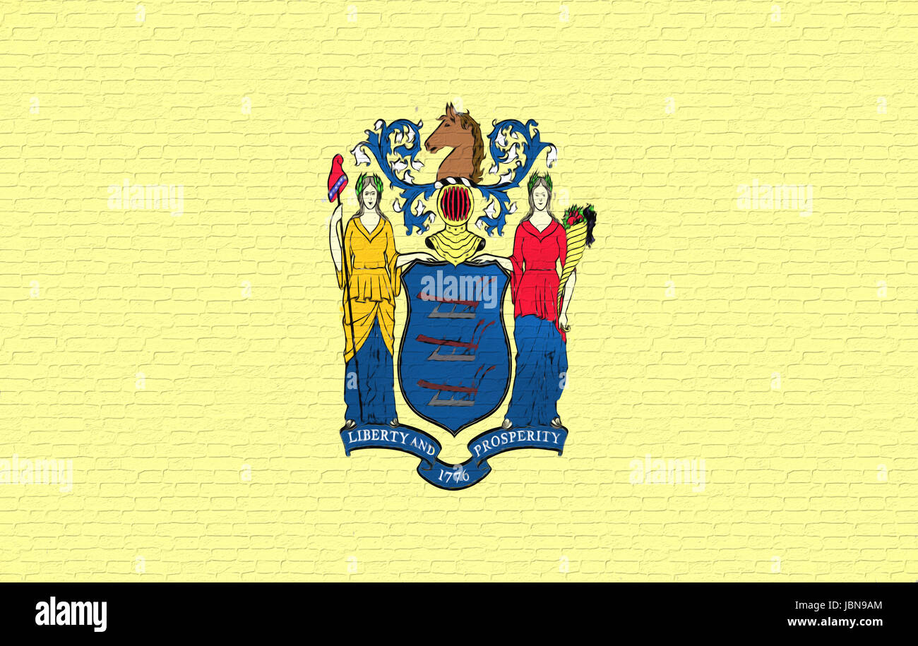 Illustration of the flag of New Jersey state in America looking like it is painted on a wall. Stock Photo