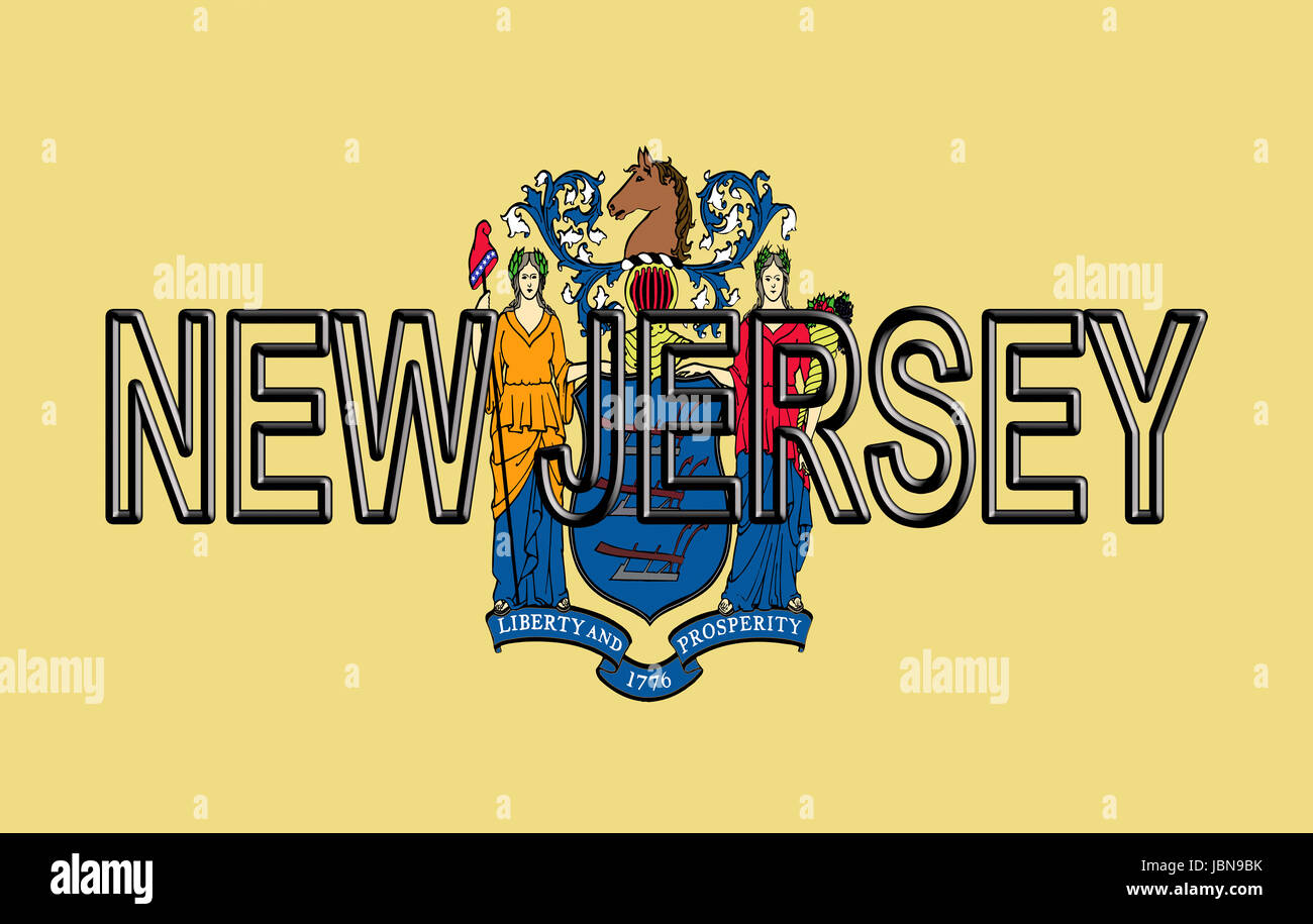 Illustration of the flag of New Jersey state in America with the state written on the flag. Stock Photo