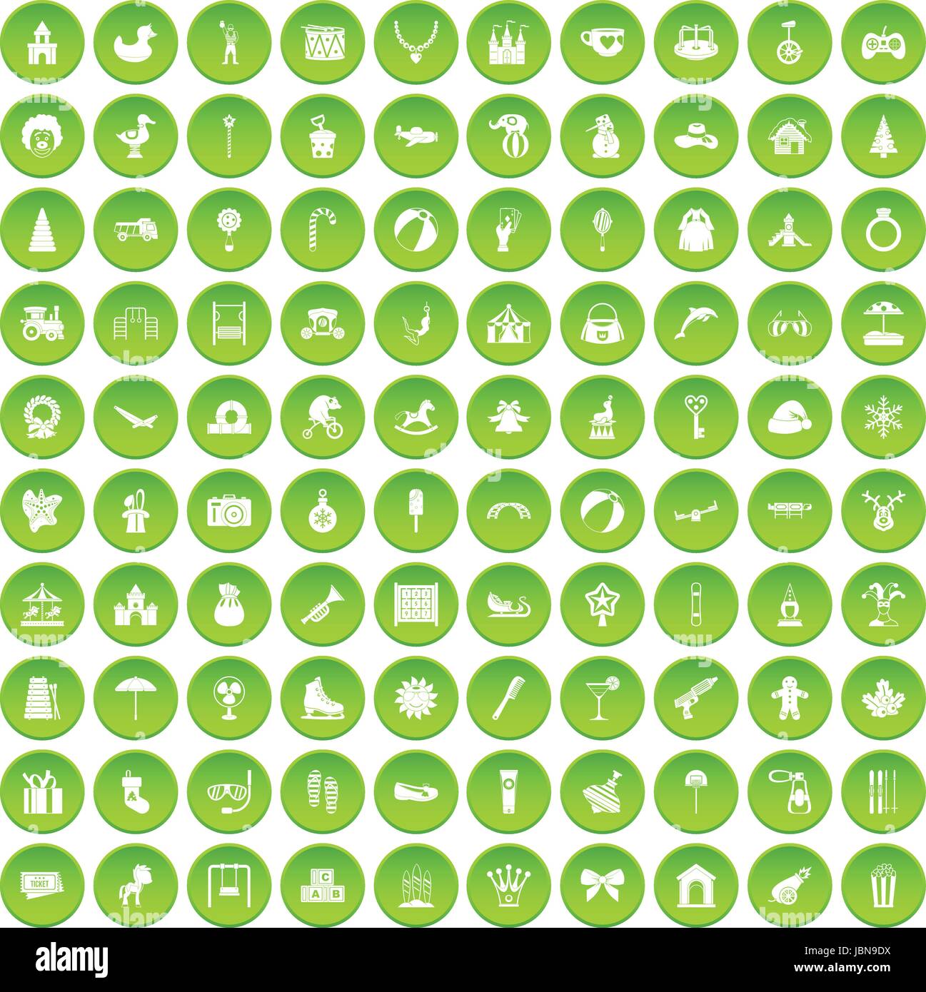 100 happy childhood icons set green circle isolated on white background ...
