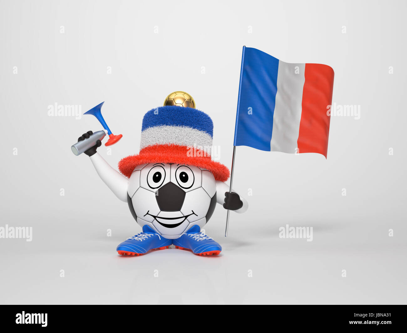 A cute and funny soccer character holding the national flag of France and a  horn dressed in the colors of France on bright background supporting his  team Stock Photo - Alamy