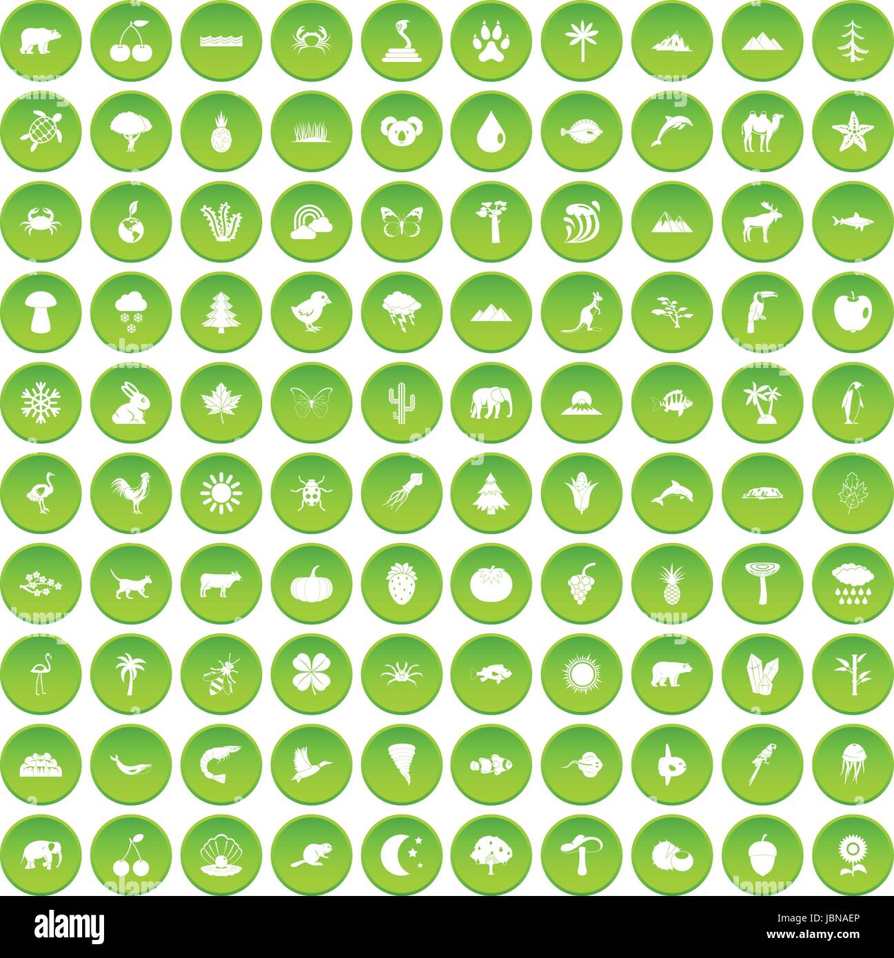 100 nature icons set green circle isolated on white background vector illustration Stock Vector