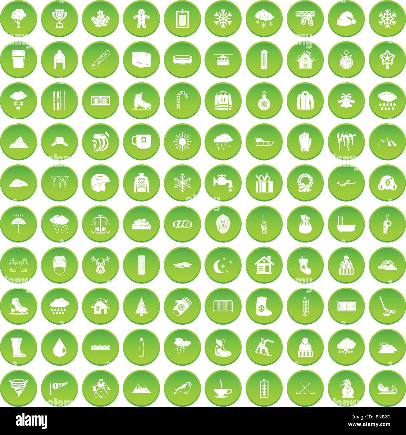100 snow icons set green circle isolated on white background vector ...