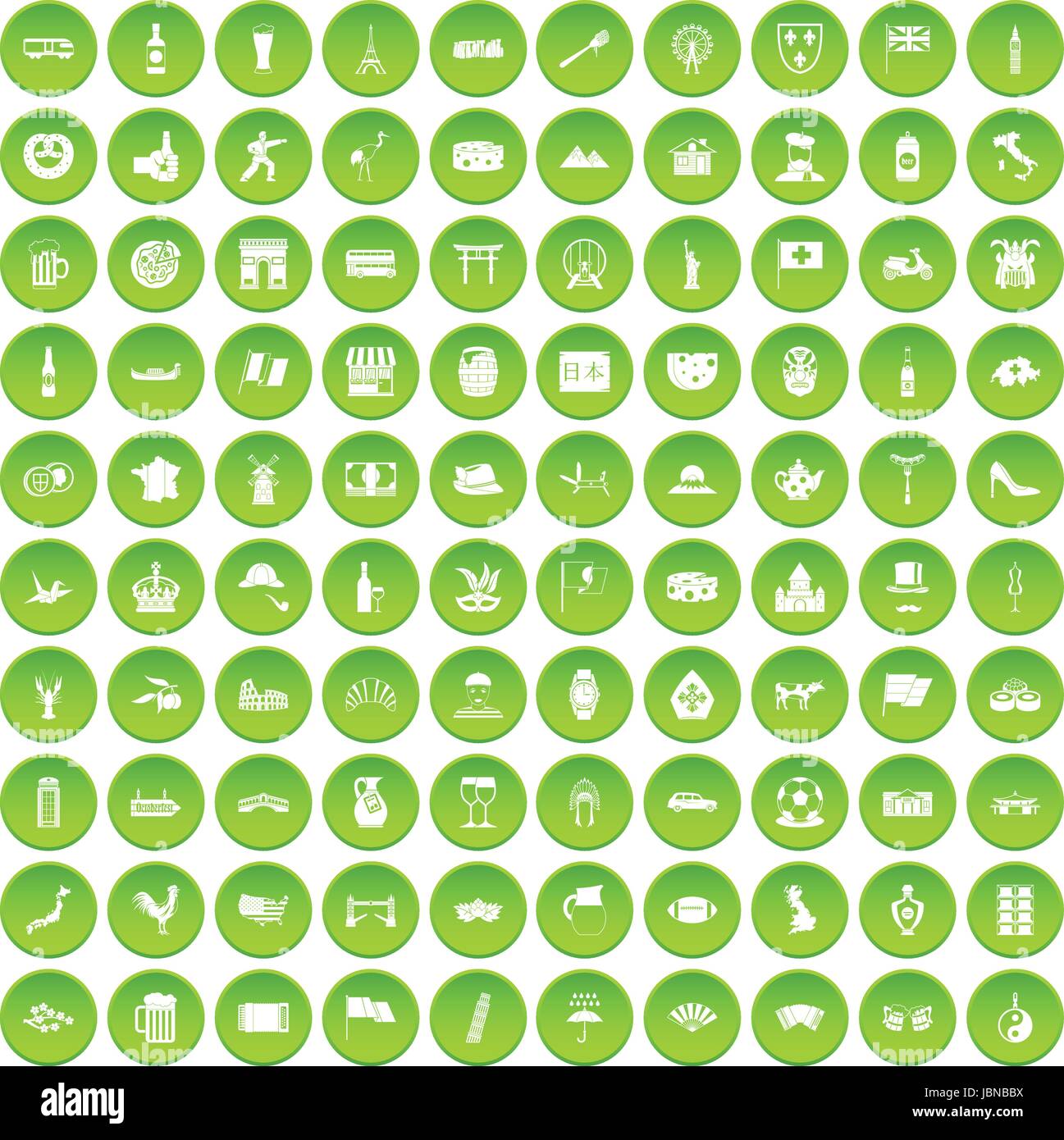 100 tourist attractions icons set green circle isolated on white ...